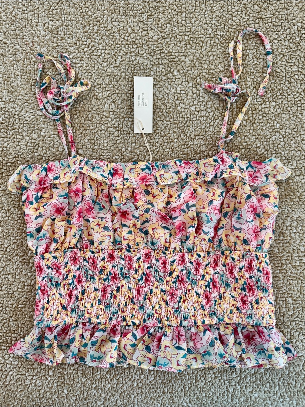 Floral Smocked Tie Strap Crop Top | Ruffle Peplum Tank | NWT | Size L